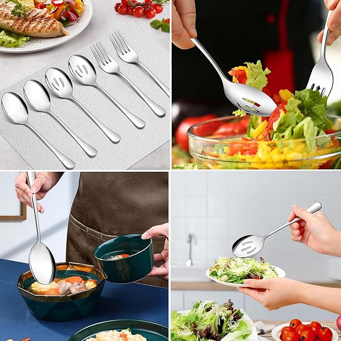 Homikit Large Serving Utensils Set, 6-Piece Stainless Steel Serving Spoons Slotted Spoons Forks, 9.8 Inch Big Metal Hostess Set for Catering Buffet Banquet Party Kitchen Restaurant, Dishwasher Safe