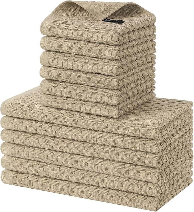 Homaxy 100% Cotton Kitchen Towels and Dishcloths Set, 12 x 12 & 15 x 25 Inches, Set of 12 Bulk Terry Cloth Dish Towels, Super Soft and Absorbent Hand Towel with Hanging Loop, Tan