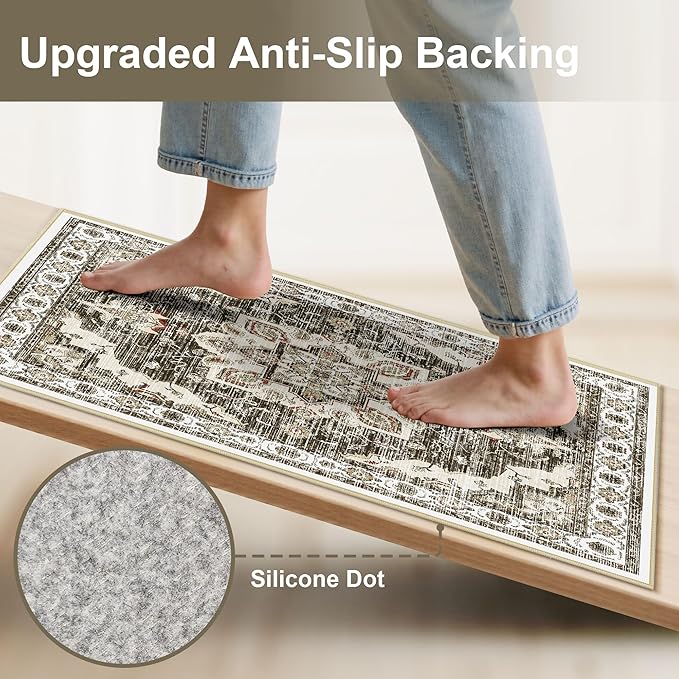 Tritard Non Slip Kitchen Rugs Sets of 3 Washable Kitchen Rug Boho Kitchen Mats for Floor Soft Kitchen Runner Rug Non Skid Kitchen Floor Carpet for Entryway Hallway Laundry Room,Beige Brown