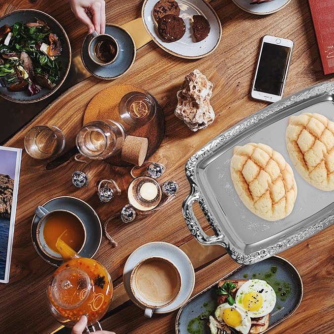 Rectangular Silver Serving Tray - Vintage Metal Tray for Whiskey - Dining Tableware and Decorative Platter Perfect for Entertaining and Home Decor