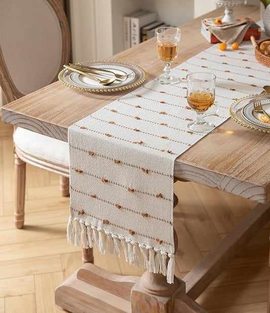 Caflife Boho Table Runner 90 Inchs Long for Modern Farmhouse Room Home Decor, Brown and Beige Coffee Table Runner, Natural Cotton Woven with Tassels Neutral, for Kitchen Dining Table Decor
