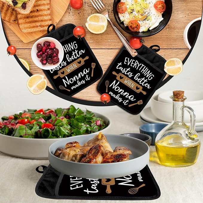Nonna Gifts Pot Holders with Pockets, Grandma Kitchen Gifts, Everything Tastes Better When Nonna Makes It Pot Holders Heat Resistant Oven Mitts Hot Pads for Kitchen Baking Cooking