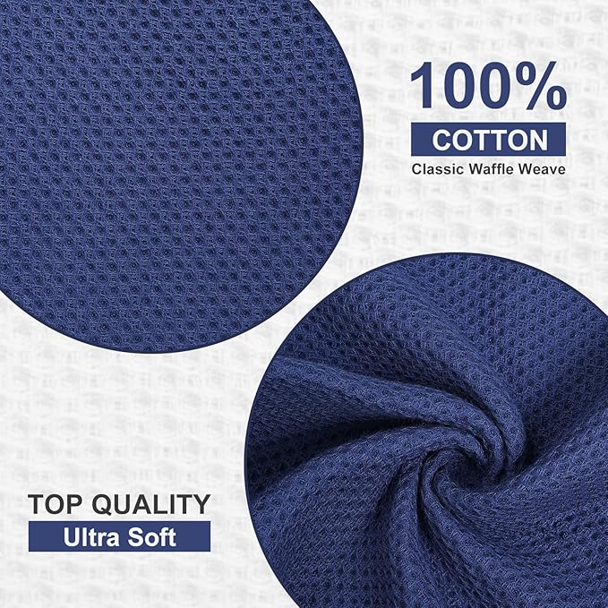 Kitinjoy 100% Cotton Kitchen Dish Cloths, 8 Pack Waffle Weave Ultra Soft Absorbent Dish Towels for Drying Dishes Quick Drying Kitchen Towels Dish Rags, 12 X 12Inch, Navy Blue