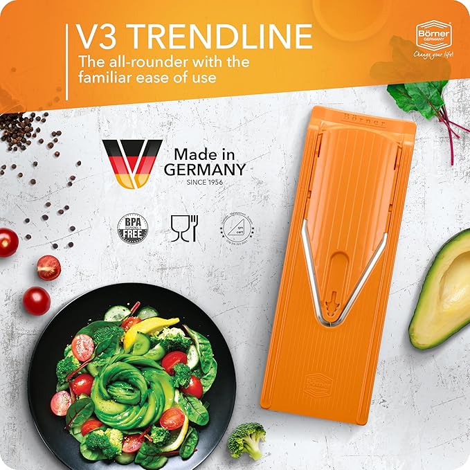 Börner Mandoline Slicer V3 (Basic Set) • V-Slicer for Vegetables & Fruits • Adjustable Kitchen Slicer • 3 Thickness Settings • With Rubber Feet & Stainless Steel V-Blade • Color: Orange
