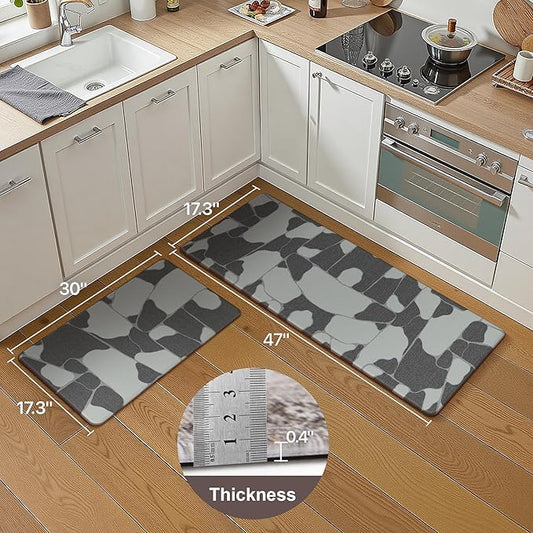 GENIMO Kitchen Mats for Floor 2PCs, Washable Anti Fatigue Mat for Cushioned, 17.3"x47"+17.3"x30", Waterproof Kitchen Rugs, Non Slip Comfort Standing Mat Rug for Sink, Laundry, Home, Black & White