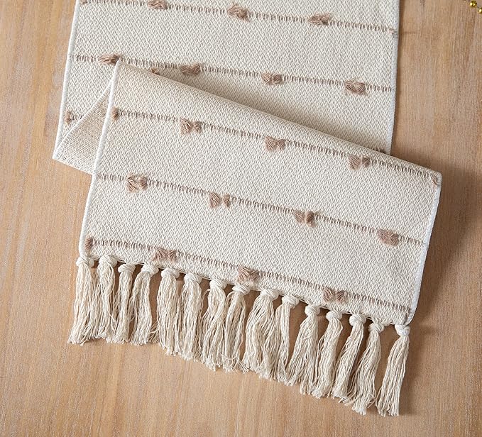 Caflife Boho Table Runner 90 Inchs Long for Modern Farmhouse Room Home Decor, Taupe and Beige Coffee Table Runner, Natural Cotton Woven with Tassels Neutral, for Kitchen Dining Table Decor