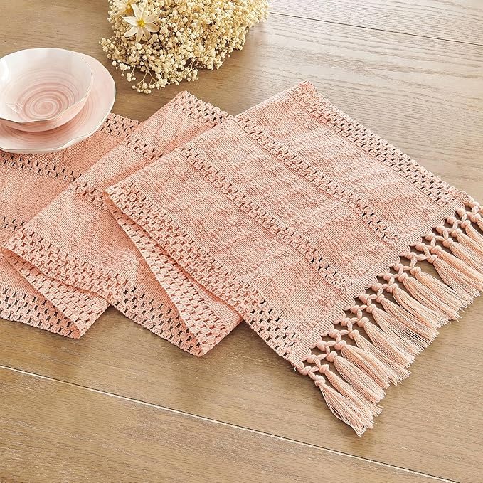 ZeeMart Macrame Style Boho Table Runner, Pink Table Runners 108 Inches Long, Farmhouse Woven Home Decor, 12x108 Inch, Rose Pink