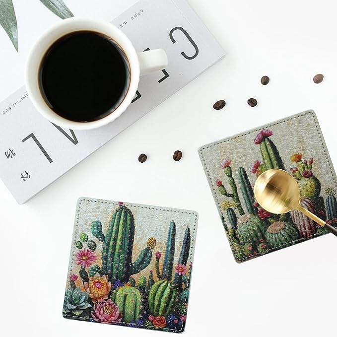 Marble Coasters Square Leather Drinks Coaster Set with Holder for Coffee Table Bar Home Decor 4 Inches Set of 6 (Cactus, One Size)