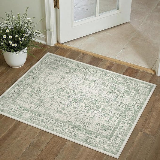 Sage Green Area Rug 2x3 Washable Vintage Distressed Entryway Carpet Non Slip Neutral Door Mat Low Pile Retro Floral Farmhouse Accent Throw Small Rug for Bathroom Laundry Kitchen Dining Room