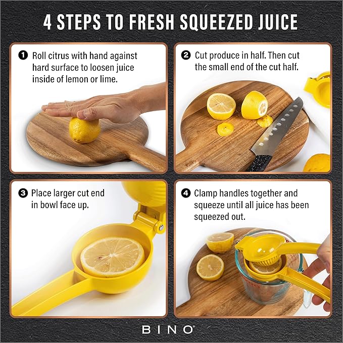 BINO Aluminum Alloy Lemon Juicer - Yellow | Citrus Squeezer Press | Manual Hand Juicer Tool for Squeezing Fruit Juice | Hand Press Juicing Tool for Lemon & LIme | Orange Squeezer | Kitchen Tools