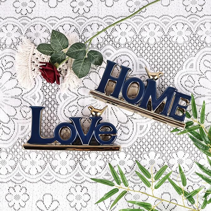 Love Sign Decor,Blue and Gold Room Decor Aesthetic, Knick Knack Shelf,Gold Bird Decor, Boho Bookshelf,Abstract Gold Statue,for Living Room,Bedroom, Contemporary Tv Stand Set of 2 (2, Blue)