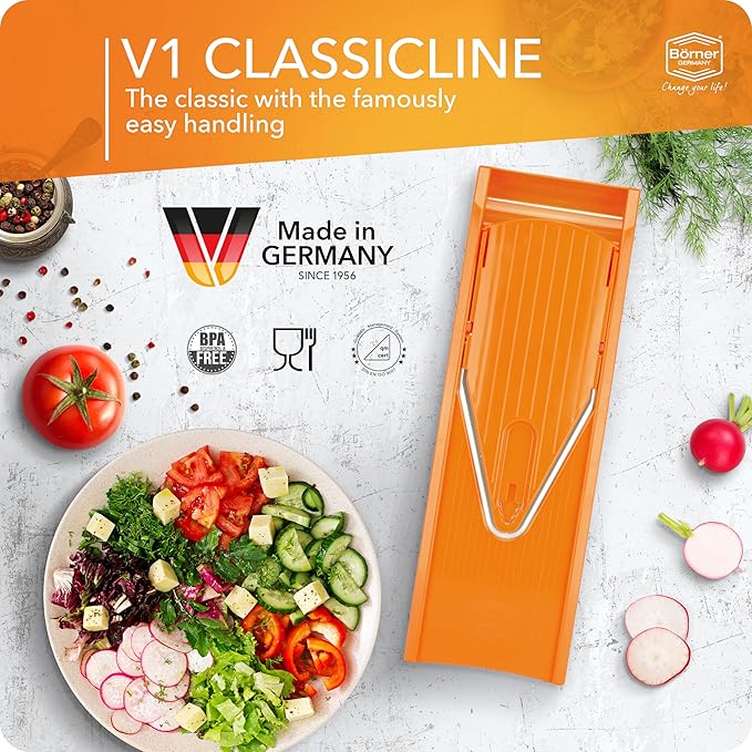 Mandoline Food Slicer Borner V1 (Basic Set) by Reston Lloyd • V-Slicer with Food Holder • Made in Germany • Fruit & Vegetable Chopper • Multiple Settings • Color: Orange