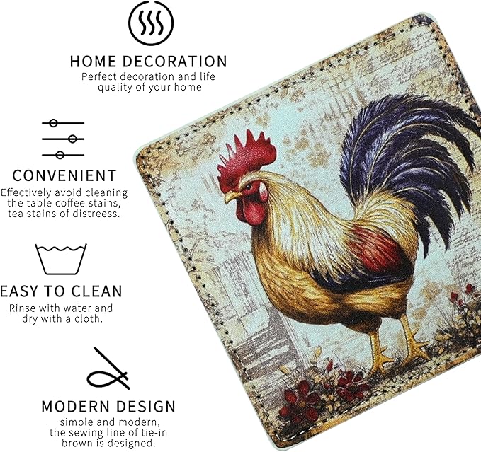 Rooster Coasters Square Leather Drinks Coaster Set with Holder for Coffee Table Bar Home Decor 4 Inches Set of 6