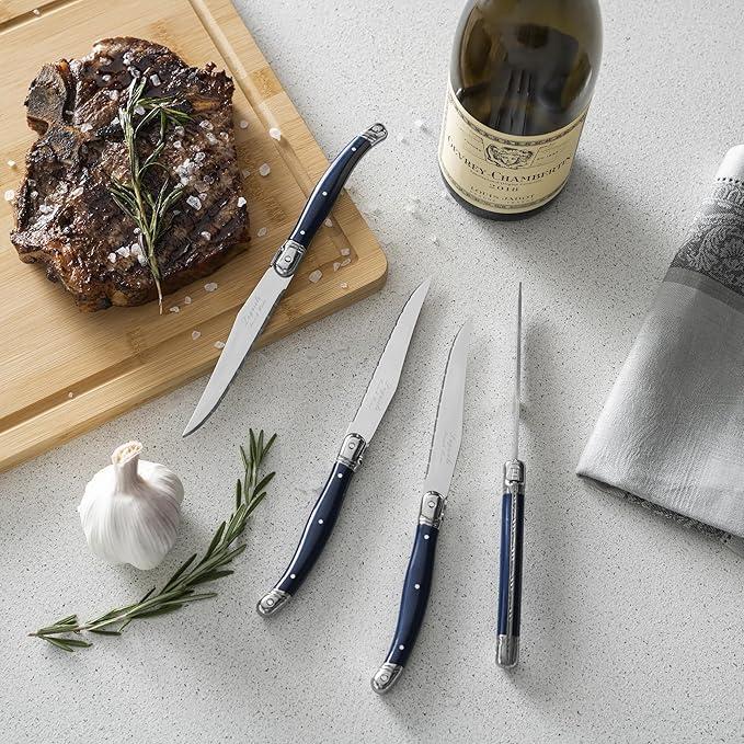 French Home Laguiole Connoisseur 4-Piece Steak Knife Set – Stainless Steel with Navy Blue Handles, Etched Detailing & Napoleon Bee Emblem – Serrated Knives for Smooth Cutting (9.25")