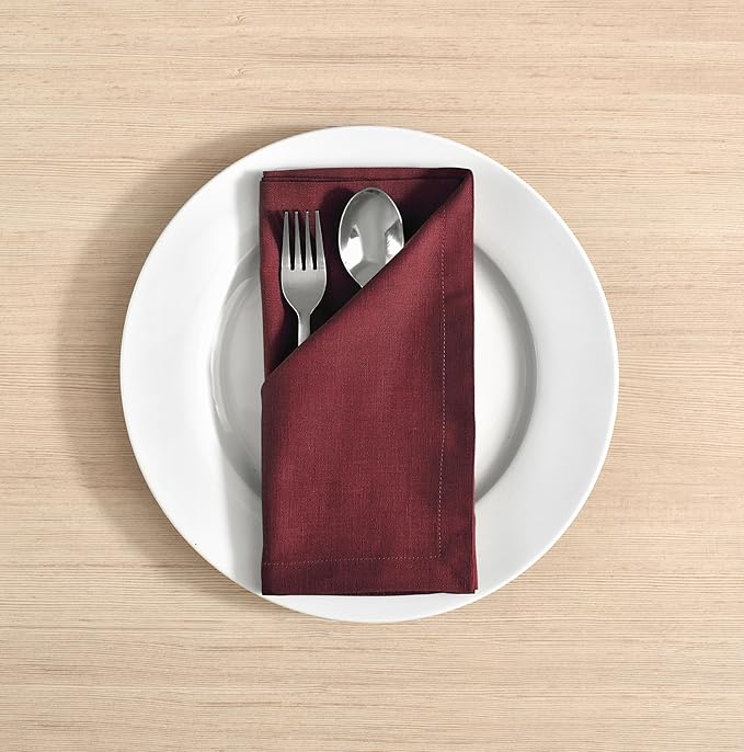 FINGERCRAFT Dinner Cloth Napkins, Cotton Linen Blend Mitered Corner Napkins Cloth 12 Pack Natural Premium Quality for Every Day Use, Parties, Easter, Thanksgiving, Weddings, 18x18 inch Rythmic Red