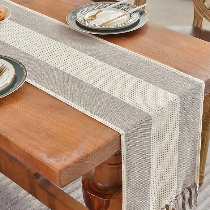 Wracra Linen Table Runner, Farmhouse Macrame Table Runners 60 Inches Long for Dining Table Decor, Wedding, Party and Dresser Decor (Dark Coffee,60")