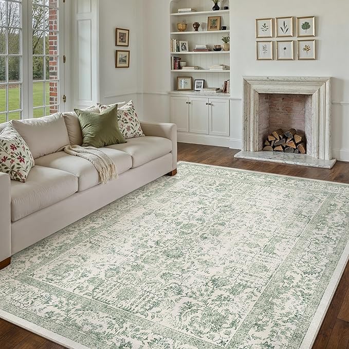 Sage Green Area Rug 9x12 Living Room Washable Carpet Vintage Distressed Non Slip Bedroom Carpet Neutral Low Pile Retro Floral Farmhouse Large Rug Home Office Dining Room Playroom