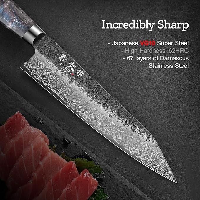 8.27 Inch Japanese Kiritsuke Chef Knife with VG10 Core, Professional 67-Layer Hand-Forged Damascus Knife with Ergonomic Handle, Leather Sheath and Elegant Gift Box – Perfect Gifts for Women Men
