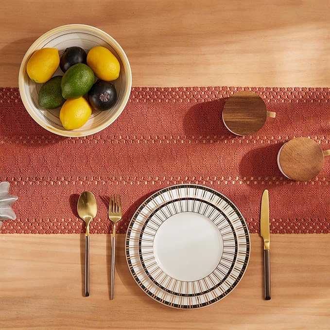 ZeeMart Macrame Style Boho Table Runner, Rust Table Runners 60 Inches Long, Farmhouse Woven Home Decor, 12x60 Inch, Rust