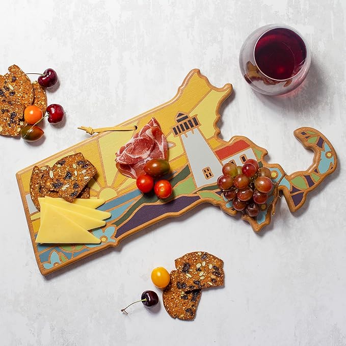Totally Bamboo Massachusetts State Shaped Cutting Board and Charcuterie Serving Platter with Artwork by Summer Stokes, Includes Hang Tie for Wall Display