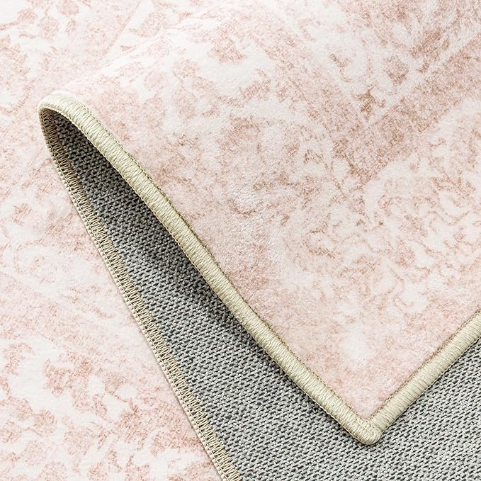 Pink Area Rug 5x7 Machine Washable Vintage Living Room Distressed Non Slip Carpet Traditional Indoor Bedroom Retro Floral Accent Throw Large Rug Office Kitchen Bathroom Dining Room