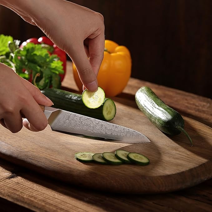 Wakoli Oribu Damascus All-Purpose Knife – Full Tang Kitchen Knife | 4.5-Inch Blade Made of 67-Layer Genuine Damascus Steel | Ergonomic Olive Wood Handle | Sharp & Durable