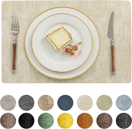 Romanstile Vinyl Placemats Set of 6-12 X 17 Inch - Heat Resistant Place Mats 100% Waterproof Oilproof Wipeable Reversible Faux Leather Table Mats for Kitchen, Dining, Party, Outdoor, Beige