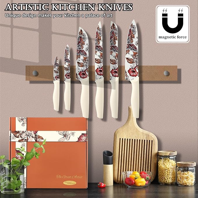 Marco Almond Knife Set Artistic Designed Pattern Kitchen Knife 6 Stainless Steel Kitchen Knives w 6 Blade Guards, Dishwasher Safe Knives for Family Kitchen Knives Set for Chefs