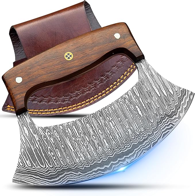 Handmade Ulu Knife – Full Tang Damascus steel Alaskan ulu with Sheath & Gift Box, Mezzaluna Rocker Knife & Pizza Cutter for Kitchen, Camping & BBQ, Birthday Gifts for Men