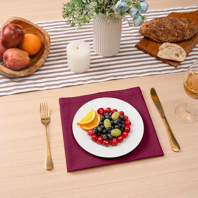Blue Needles Set of 12 Hemstitch Linen Napkins 100% Cotton Burgundy Cloth Dinner Napkins 18x18 inches, Soft, Reusable, Absorbent, Washable, Ideal for Wedding Events, Parties & Everyday Use