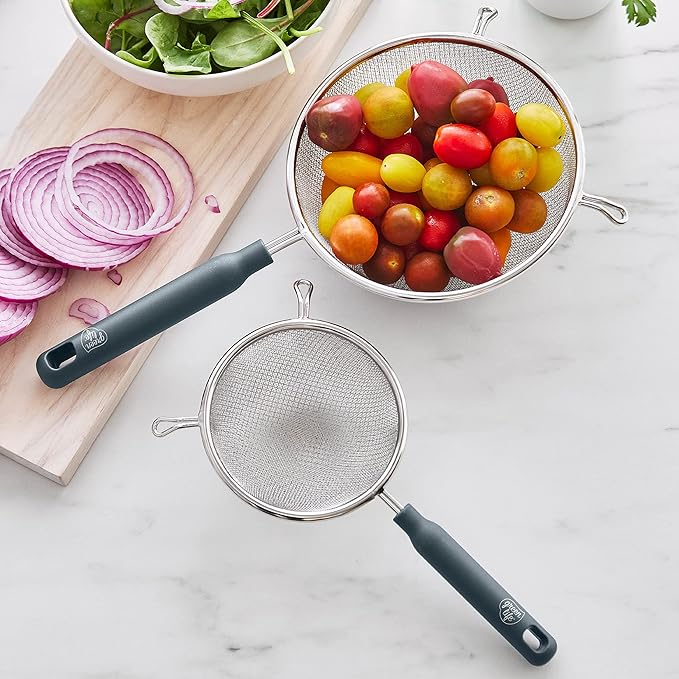 GreenLife Cooking Tools and Utensils, 2 Piece Extra Fine Stainless Steel Mesh Strainer Kitchen Set, Stay Cool Handles, Dishwasher Safe, BPA-Free, Grey