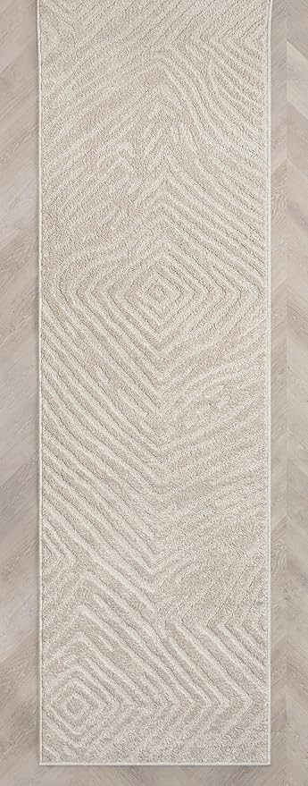 Well Woven Custom Size Hallway Stair Runner - Choose Your Length - 27 Inches Wide x 8 Feet Long Runner (27" x 8' Runner) Rug - Ivory Relajo Soft Touch, Modern Geometric - Hi-Lo Pile
