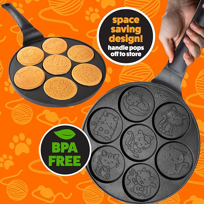 Kitty Friends Mini Pancake Pan - Make 7 Unique Flapjack Cat Designs, Nonstick Pan Cake Maker Griddle w Long Handle for Breakfast Animal Kitten Fun- Easy Cleanup, Fun Kids Gift or Party Dessert Treat