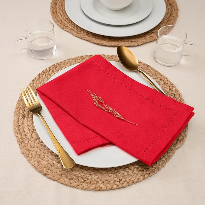 Blue Needles Set of 6 Hemstitch Linen Napkins 100% Cotton Red Cloth Dinner Napkins 18x18 inches, Soft, Reusable, Absorbent, Washable, Ideal for Valentine's Day Events, Parties & Everyday Use
