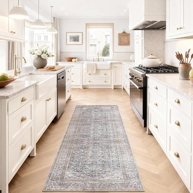 Kuden 2'6"x10 Runner Rug, Machine Washable Area Rug with Non-Slip Backing, Vintage Style, Soft, Easy Clean, Low Pile Rug for Hallway, Entryway, Kitchen, Bedroom