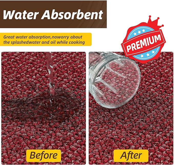 JSEI Kitchen Rugs and Mats, 2PCS Non-Slip Kitchen Mats for Floor, Machine Washable Absorbent and Stain Resistant Kitchen Runner, Carpet Mats with TPR Backing for, 20''x32''+20''x48'', Red