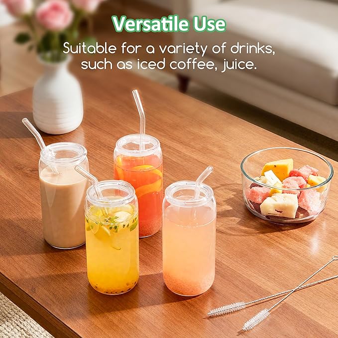 16OZ Drinking Glass Cup with Tritan Lid and Straw 4pcs Set, Cute Iced Coffee Cup, Aesthetic Glass Tumbler with Lid and Straw, Ideal Gift for Women, Birthday, Christmas