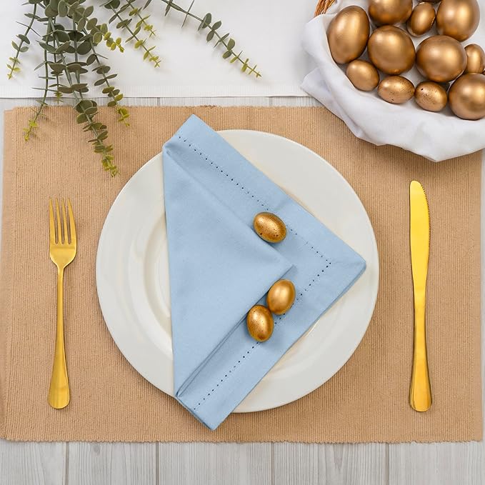 Blue Needles Set of 12 Hemstitch Linen Napkins 100% Cotton Ice Blue Cloth Dinner Napkins 18x18 inches, Soft, Reusable, Absorbent, Washable, Ideal for Wedding Events, Parties & Everyday Use
