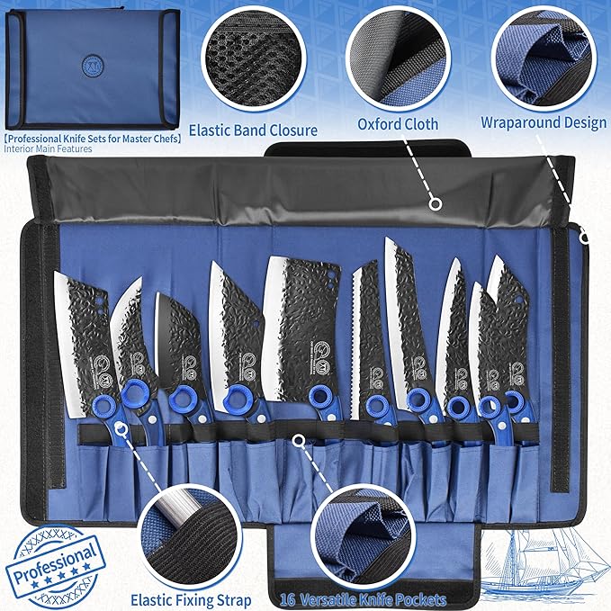 XYJ Professional Kitchen Knife Set with High-Carbon Steel Forged Blades, Chef's Knife, Cleaver, Carving Knife, Nakiri, Full Tang Design, Includes Carrying Bag & Poultry Scissors