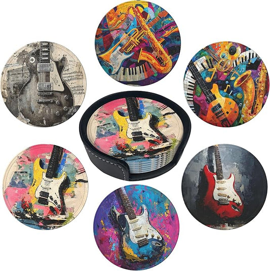 Musical Coasters Leather Round Drink Coasters 6 Pcs Set with Holderor for Cup Drink Coffee Table Bar Home Decor
