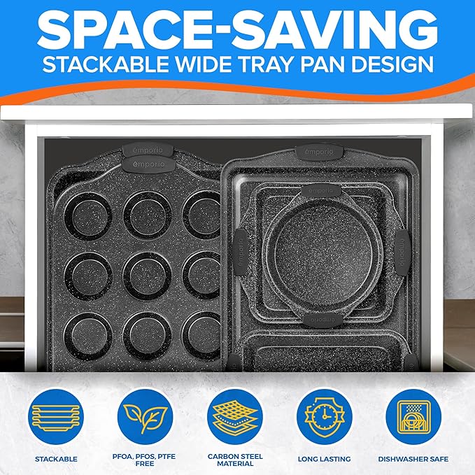 Emporio Kitchen Baking Pan Set - Nonstick Coating, Carbon Steel Bakeware Set with Red Silicone Handles, PFOA, PFOS, PTFE Free, Recipe Booklet Included, Oven Safe Tray (Up To 450° F), Set of 6 - Black