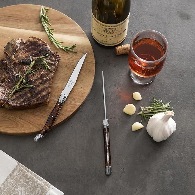 French Home Laguiole Connoisseur 4-Piece Steak Knife Set –Stainless Steel with Tortoise Shell Handles, Etched Detailing & Napoleon Bee Emblem – Serrated Knives for Smooth Cutting (9.25")