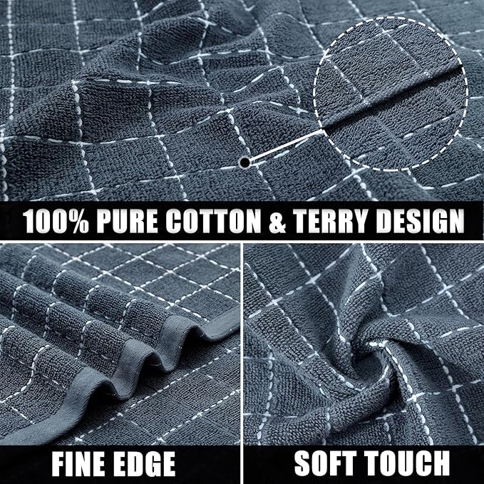 Mordimy 100% Cotton Terry Cloth Kitchen Towels, Super Soft and Absorbent Dish Towels for Drying, Checkered Designed Hand Towels for Kitchen, 16 x 26 Inches, 8 Pack, Grey