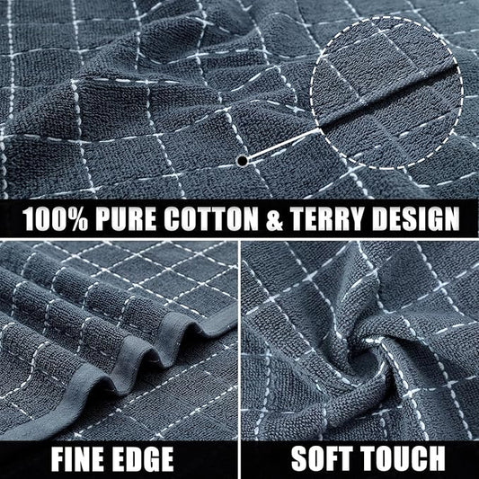 Mordimy 100% Cotton Terry Cloth Kitchen Towels, Super Soft and Absorbent Dish Towels for Drying, Checkered Designed Hand Towels for Kitchen, 16 x 26 Inches, 8 Pack, Grey