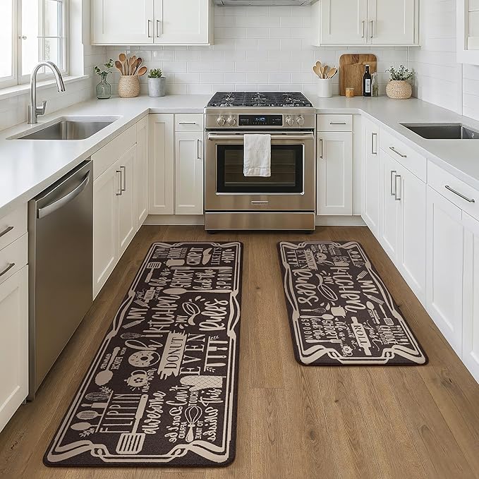 GENIMO Kitchen Mats for Floor 2PCs, Washable Anti Fatigue Mat for Cushioned, 17.3"x59"+17.3"x30", Waterproof Kitchen Rugs, Non Slip Comfort Standing Mat Rug for Sink, Laundry, Home, Coffee