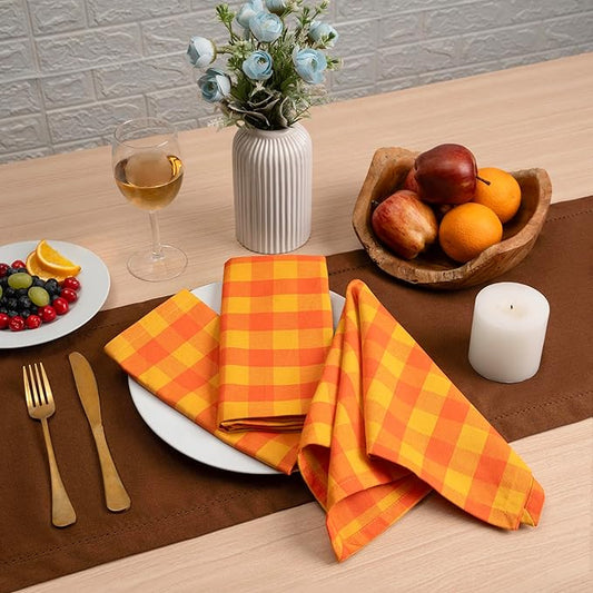 Blue Needles Gingham Buffalo Plaid Cloth Napkins 100% Cotton Set of 12 Dinner Table Napkins 18x18 inch Soft, Reusable, Washable for Wedding Parties & Everyday Use - Orange & Golden Yellow