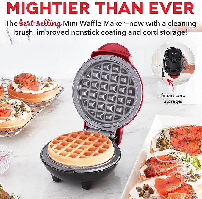 Dash Deluxe Mini Waffle Maker- Compact, Easy-to-Clean Breakfast Appliance - Convenient Cord Wrap - Cleaning Brush Included - 4-Inch - Apple Red