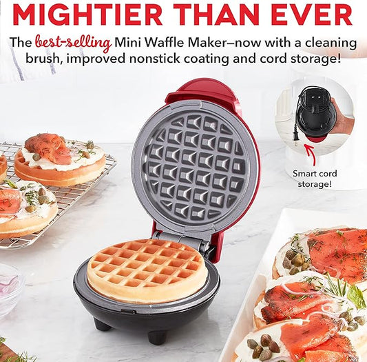 Dash Deluxe Mini Waffle Maker- Compact, Easy-to-Clean Breakfast Appliance - Convenient Cord Wrap - Cleaning Brush Included - 4-Inch - Apple Red