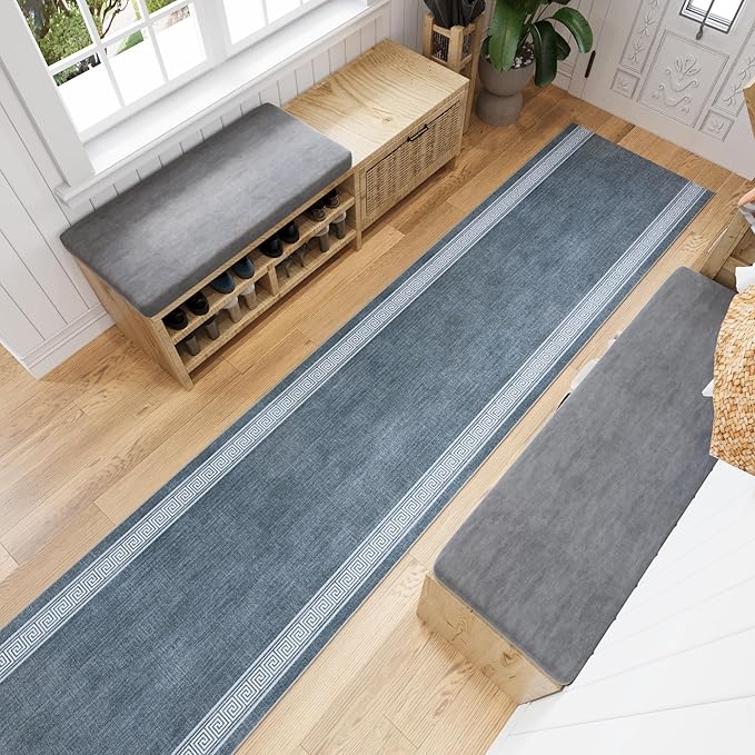 Ottomanson 2-Piece Kitchen Rug Set - Non Slip Runner & Washable Mat - 1'11" x 4' + 1'11"' x 5' - Durable, Stain Resistant for Entryway, Bedroom and Bathroom, Greek Border Greyish Blue