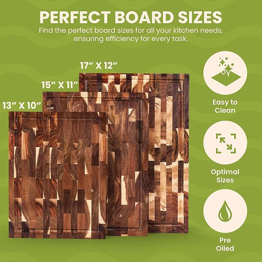 Kitchen Nook Acacia Wood Cutting Board Set - 3 Piece Acacia Cutting Board with Holder, Knife Friendly, Dual Sided, Built-in Handles, & Juice Grooves | 13, 15, & 17 Non Toxic Cutting Boards for Kitchen